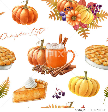 Thanksgiving traditional food and drink seamless pattern. Painted illustration. Hand drawn pumpkins, apple pie, cake slice, caramel latte, floral elements. Autumn mood seamless pattern in warm colors 116674164