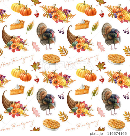 Thanksgiving decor elements bright seamless pattern. Watercolor vintage style illustration. Traditional Thanksgiving decoration, food, turkey bird, flowers in warm autumn colors seamless pattern Thanksgiving decor elements bright seamless pattern. Watercolor vintage style illustration. Traditional Thanksgiving decoration, food, turkey bird, flowers in warm autumn colors seamless pattern 116674166