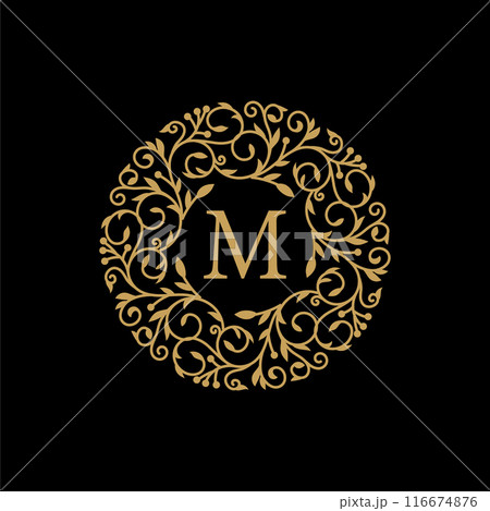 Golden circle Badge ornament with initial capital Letter M 116674876