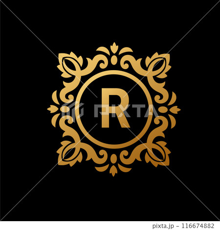 Golden circle Badge ornament with initial capital Letter R 116674882
