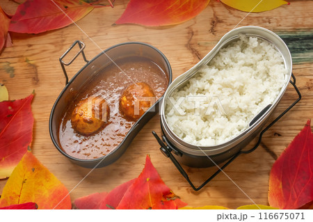 アウトドアでカレー　Curry with spices at the campsite 116675071
