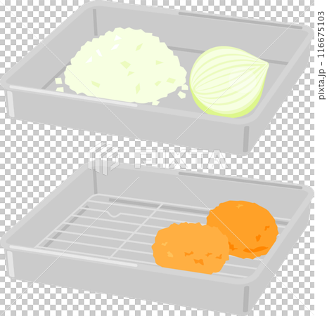 金屬托盤和裝滿切好的蔬菜和油炸食品的桶 金屬托盤和裝滿切好的蔬菜和油炸食品的桶 116675103