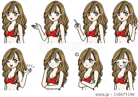 8種類の表情の赤い水着の女性 116675196