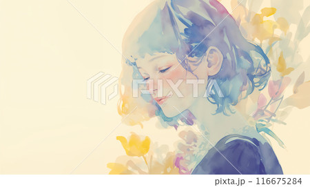 俯き微笑む女性の水彩イラストのイラスト素材 [116675284] - PIXTA