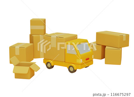yellow color delivery service truck 3D render imgae 116675297
