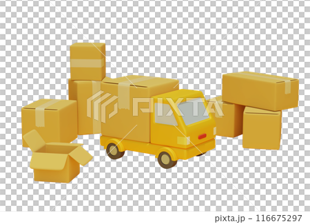 yellow color delivery service truck 3D render imgae 116675297