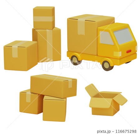 yellow color delivery service truck 3D render imgae 116675298