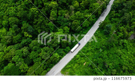 Aerial view of countryside asphalt road with car and green forest. Drive on the road between green forests. 116675973