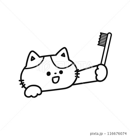 歯ブラシを持ったかわいい猫・線画 116676074