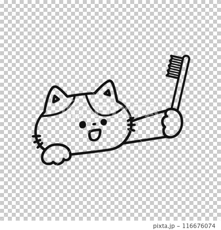 Cute cat holding a toothbrush, line drawing Cute cat holding a toothbrush, line drawing 116676074