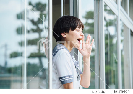 窓から応援する女子高校生 窓から応援する女子高校生 116676404