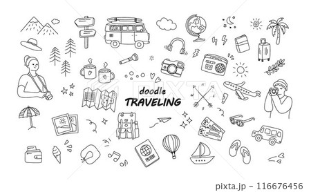 Traveling doodle, cute hand drawn set of traveling elements, vacation and adventure doodle set 116676456