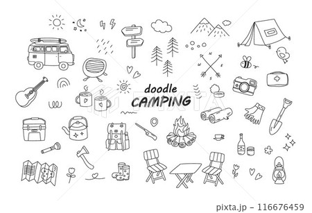 Camping doodle, hand drawn camping and hiking elements, isolated on white background, summer camp flyers and posters 116676459