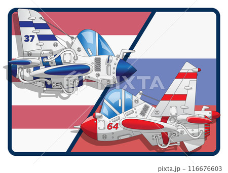 Confrontation between Russian and American aircraft. Fighters. Vector illustration. 116676603