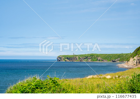 道東サロマ湖へ向かう国道脇からオホーツク海と能取岬と灯台を望む 116677435