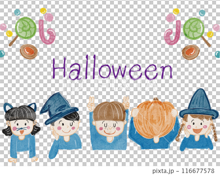 水彩で描いた子供たちのハロウィンパーティー文字入りフレームイラスト 水彩で描いた子供たちのハロウィンパーティー文字入りフレームイラスト 116677578