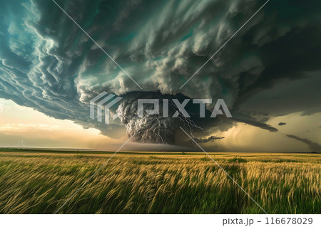 Generative ai on theme of scary ominous huge hurricane tornado, apocalyptic dramatic background 116678029