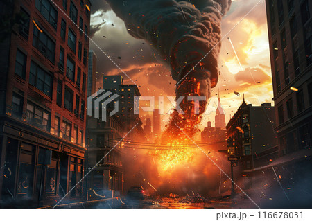 Generative ai on theme of scary huge hurricane fire tornado, apocalyptic dramatic background 116678031