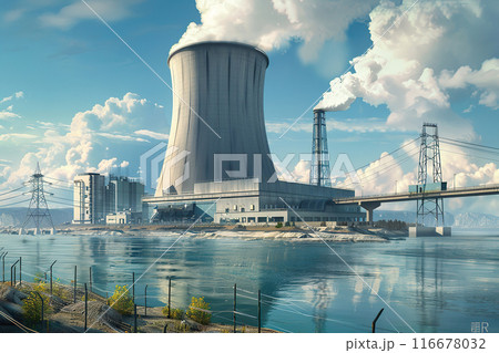 Generative ai on theme of nuclear power plant made of huge smokestacks polluting the environment 116678032