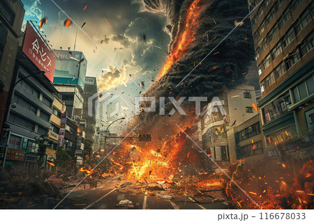 Generative ai on theme of scary huge hurricane fire tornado, apocalyptic dramatic background 116678033