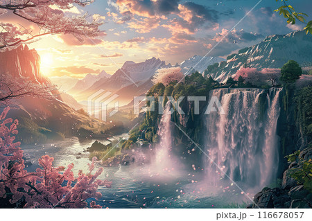 Generative ai on theme of beautiful majestic waterfall in natural nature, national park attraction 116678057