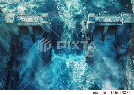Generative ai on theme of hydroelectric power energy plant with large turbines and water spills 116678086