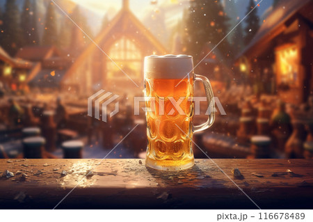 Foamy beer in large glass mug stands in local bar on Oktoberfest, Ai generated Foamy beer in large glass mug stands in local bar on Oktoberfest, Ai generated 116678489