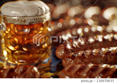 Generative ai on theme of foamy German beer in large glass mug for celebration holiday Oktoberfest 116678635