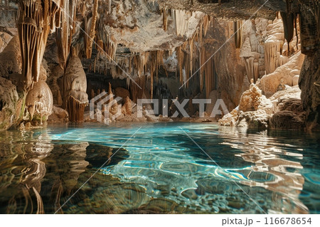 Generative ai on theme of a large beautiful sharp stalactites hanging down from deep mountain cave 116678654