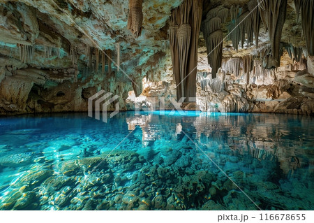 Generative ai on theme of a large beautiful sharp stalactites hanging down from deep mountain cave 116678655
