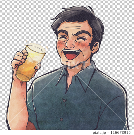 Illustration of a man getting drunk on beer in a retro Showa-era style Illustration of a man getting drunk on beer in a retro Showa-era style 116678916