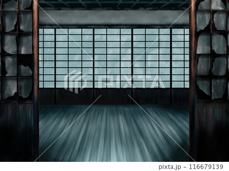 障子から照らされる光と床張りの日本家屋の廃墟の怖いイラスト 116679139