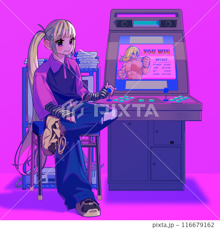 レトロゲームの筐体で遊ぶ、金髪ツインテールのY2Kファッションの女の子 レトロゲームの筐体で遊ぶ、金髪ツインテールのY2Kファッションの女の子 116679162