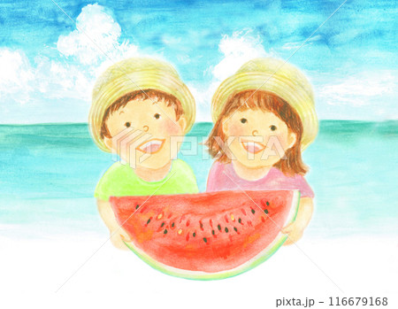 海でスイカを持つ子供たち　手描き 116679168