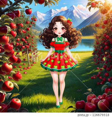 りんご柄のドレスを着た女の子とりんご果樹園のイラスト素材
