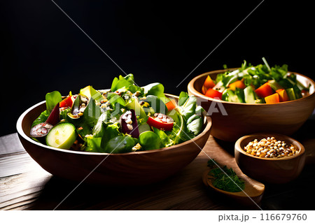 Vegetable salads served in rustic wooden bowls on a dark background 116679760
