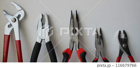 Top parts of variety types of pliers lined up in size comparison 116679766