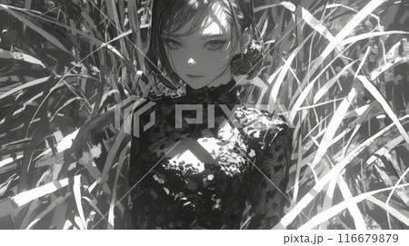 woman in the field. bw 116679879