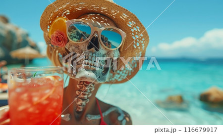 skeleton sunbathes by the sea and drinks cocktails 116679917