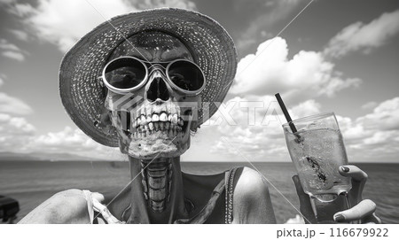 skeleton sunbathes by the sea and drinks cocktails 116679922