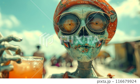 skeleton sunbathes by the sea and drinks cocktails 116679924