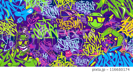Trendy Abstract Hip Hop Urban Street Art Graffiti Style Vector Illustration Background Template Trendy Abstract Hip Hop Urban Street Art Graffiti Style Vector Illustration Background Template 116680174