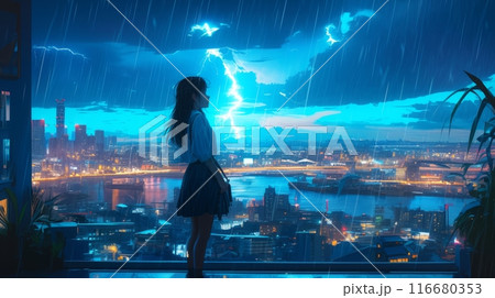 a woman looks out the window at a thunderstorm in the city 116680353