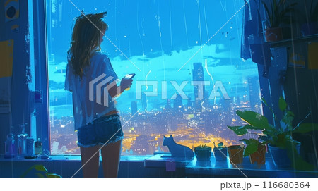 a woman looks out the window at a thunderstorm in the city a woman looks out the window at a thunderstorm in the city 116680364