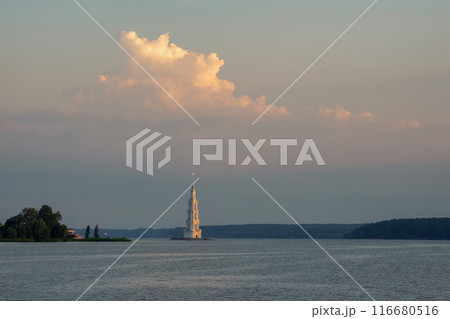 Cruise along the Volga River. Stunning cloud over the bell tower 116680516