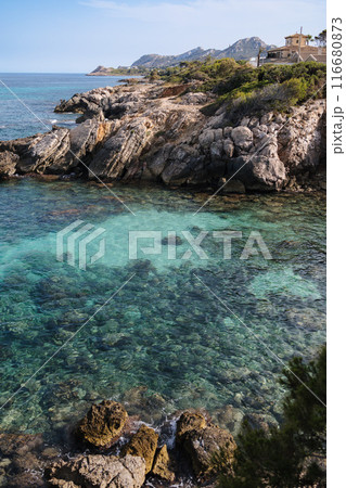 Spain Mediterranean Sea, Majorca beach of Playa de Son Mol beautiful seaside bay, Balearic Islands. Spain Mediterranean Sea, Majorca beach of Playa de Son Mol beautiful seaside bay, Balearic Islands. 116680873