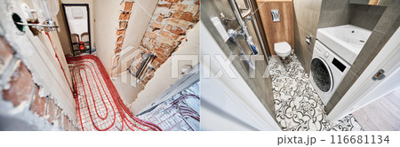 Comparison of washroom lavatory before and after renovation. Old apartment restroom with underfloor heating pipes and new renovated toilet room with electric towel dryer and washing machine. 116681134