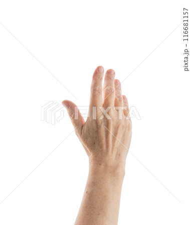 Mid aged woman hand touch screen gesture isolated on white background 116681157