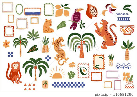 Tropical jungle summer vacation elements isolated on white. Wild animals, palm tree, frames, stamps vector clip art. Tropical jungle summer vacation elements isolated on white. Wild animals, palm tree, frames, stamps vector clip art. 116681296