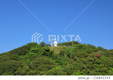日向岬展望台から眺めた青空に映える細島灯台の景色 日向岬展望台から眺めた青空に映える細島灯台の景色 116681554